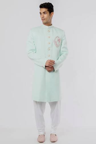 Light pista green solid teri rayon sherwani for men