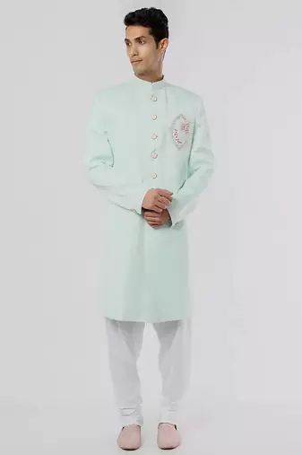 Light pista green solid teri rayon sherwani for men