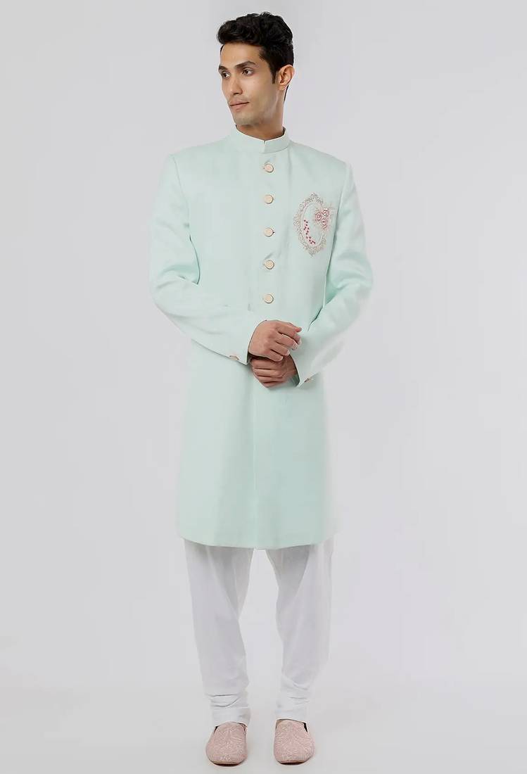Light pista green solid teri rayon sherwani for men