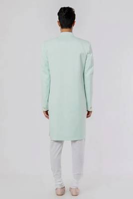 Light pista green solid teri rayon sherwani for men 2
