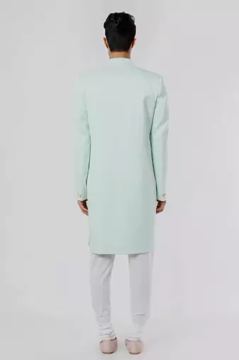 Light pista green solid teri rayon sherwani for men