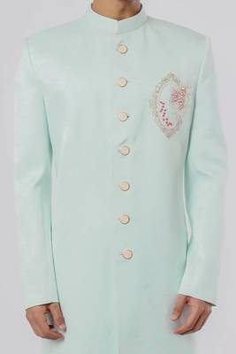 Light pista green solid teri rayon sherwani for men 3