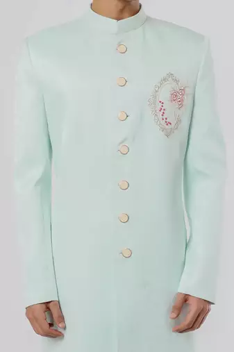 Light pista green solid teri rayon sherwani for men