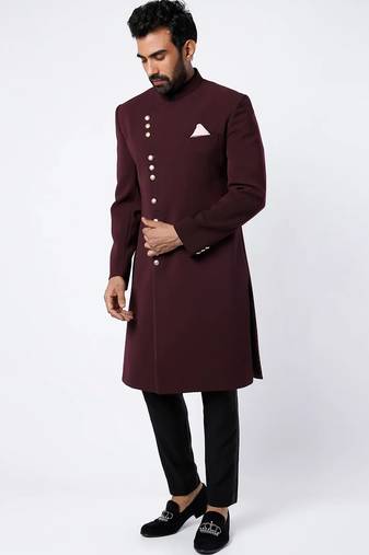 Wine solid imported armani sherwani for men
