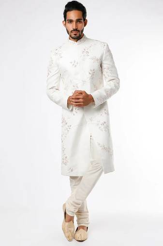 Light cream hand embroidered art silk sherwani for men