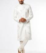 Light cream hand embroidered art silk sherwani for men