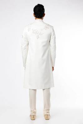 Light cream hand embroidered art silk sherwani for men 2