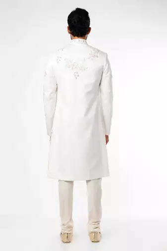 Light cream hand embroidered art silk sherwani for men