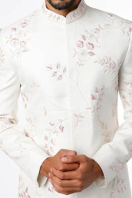 Light cream hand embroidered art silk sherwani for men 3