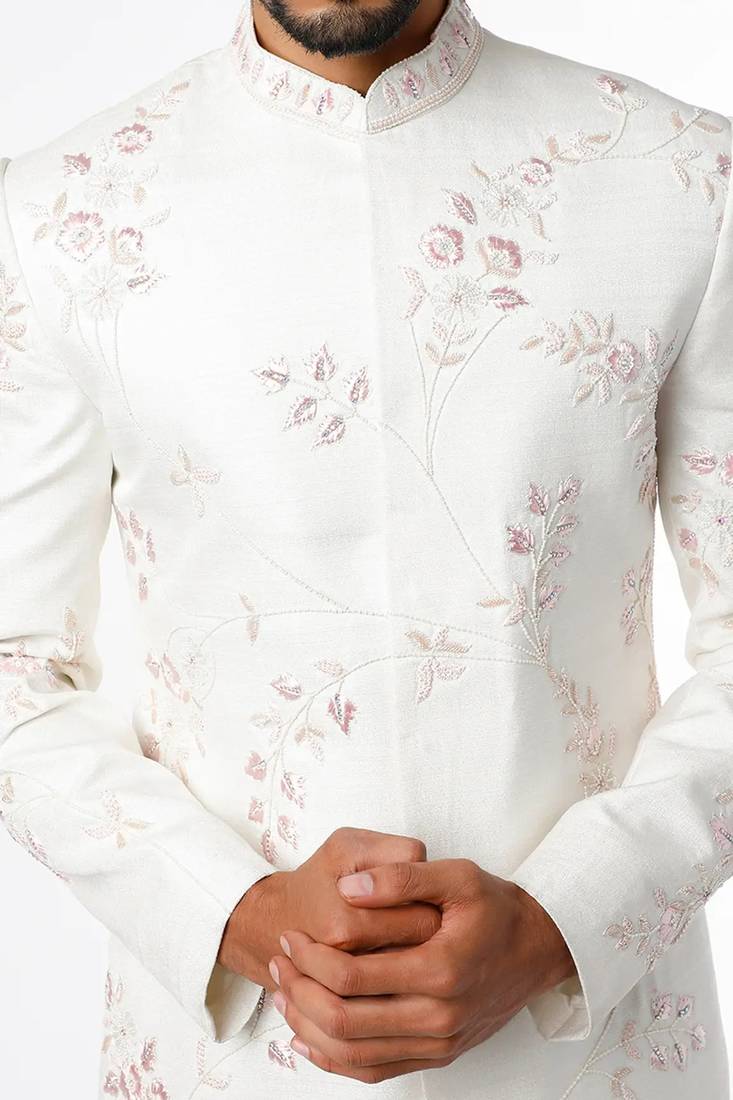 Light cream hand embroidered art silk sherwani for men