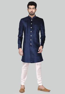 Navy blue solid suede velvet sherwani for men 1