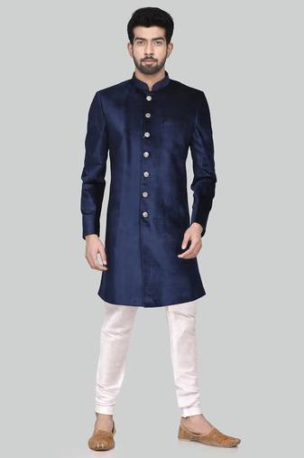 Navy blue solid suede velvet sherwani for men