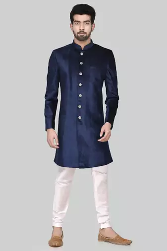 Navy blue solid suede velvet sherwani for men