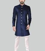 Navy blue solid suede velvet sherwani for men
