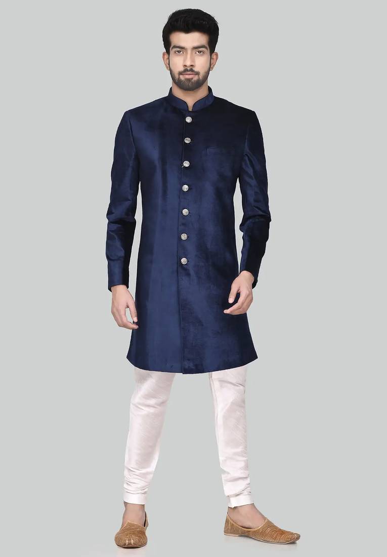 Navy blue solid suede velvet sherwani for men