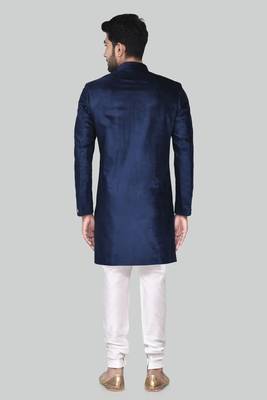 Navy blue solid suede velvet sherwani for men 2