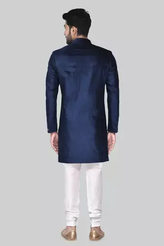 Navy blue solid suede velvet sherwani for men