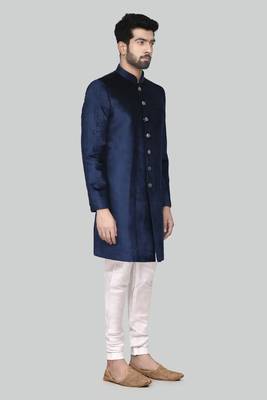 Navy blue solid suede velvet sherwani for men 3