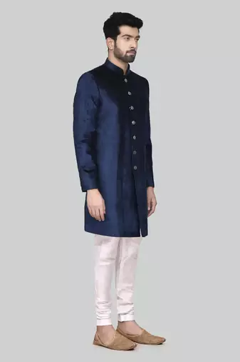 Navy blue solid suede velvet sherwani for men