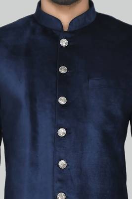 Navy blue solid suede velvet sherwani for men 4