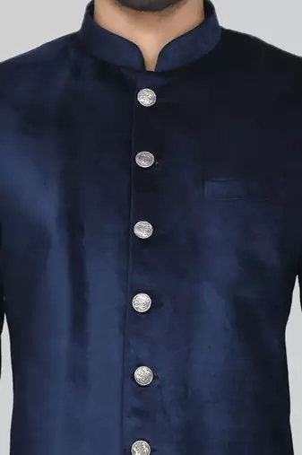 Navy blue solid suede velvet sherwani for men