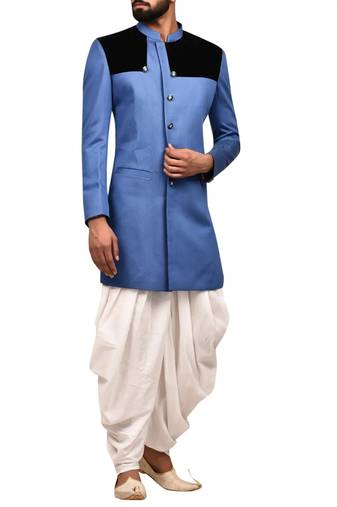 Blue embroidered teri rayon sherwani for men
