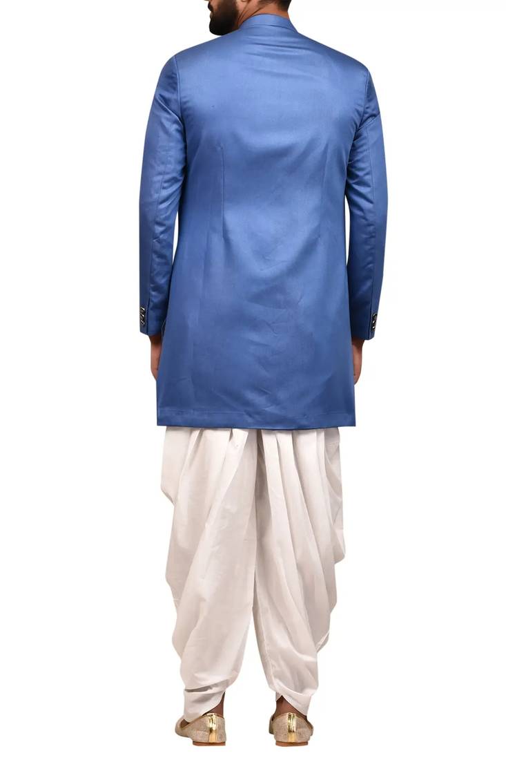 Blue embroidered teri rayon sherwani for men