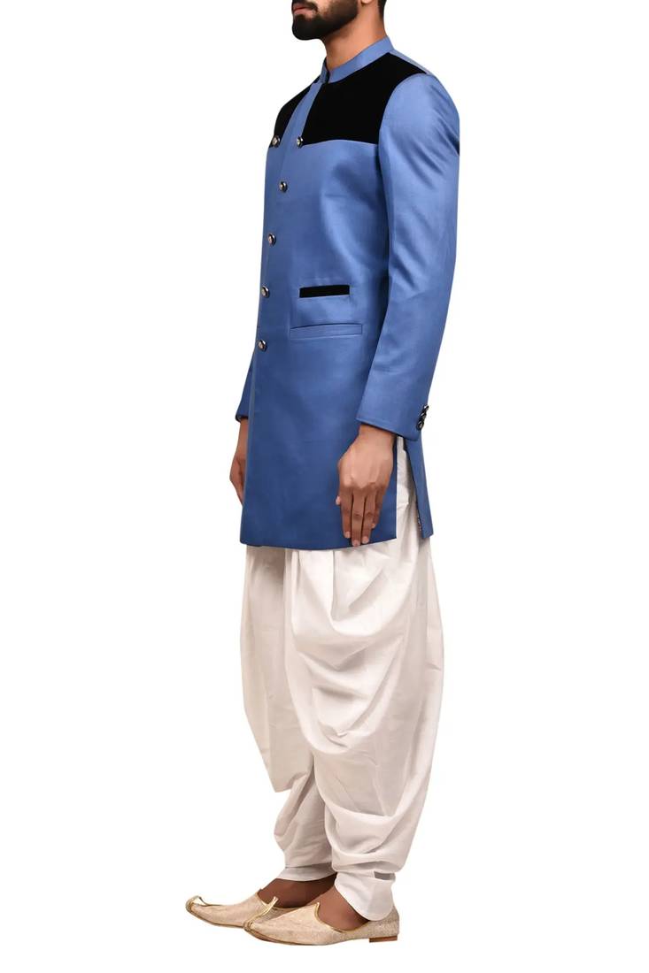 Blue embroidered teri rayon sherwani for men