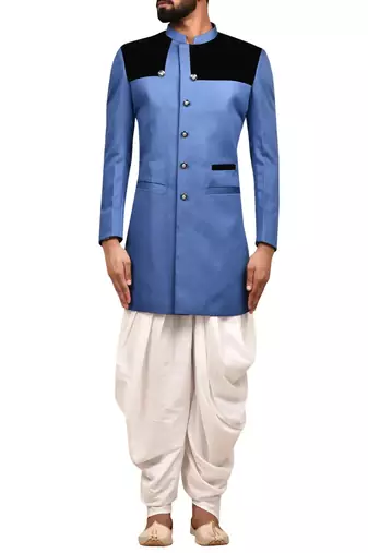 Blue embroidered teri rayon sherwani for men