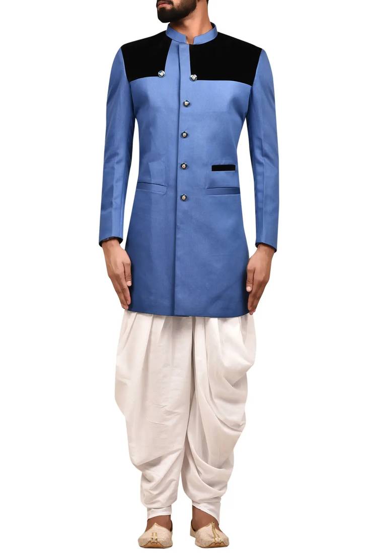 Blue embroidered teri rayon sherwani for men