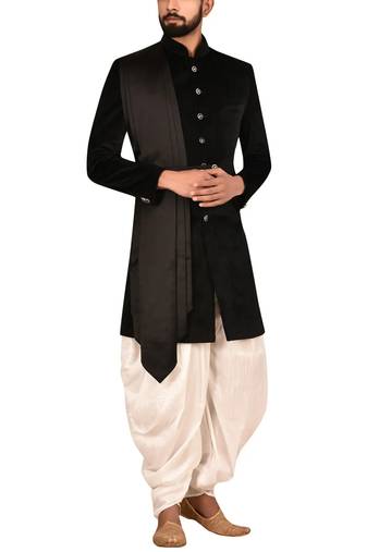 Black embroidered suede velvet sherwani for men