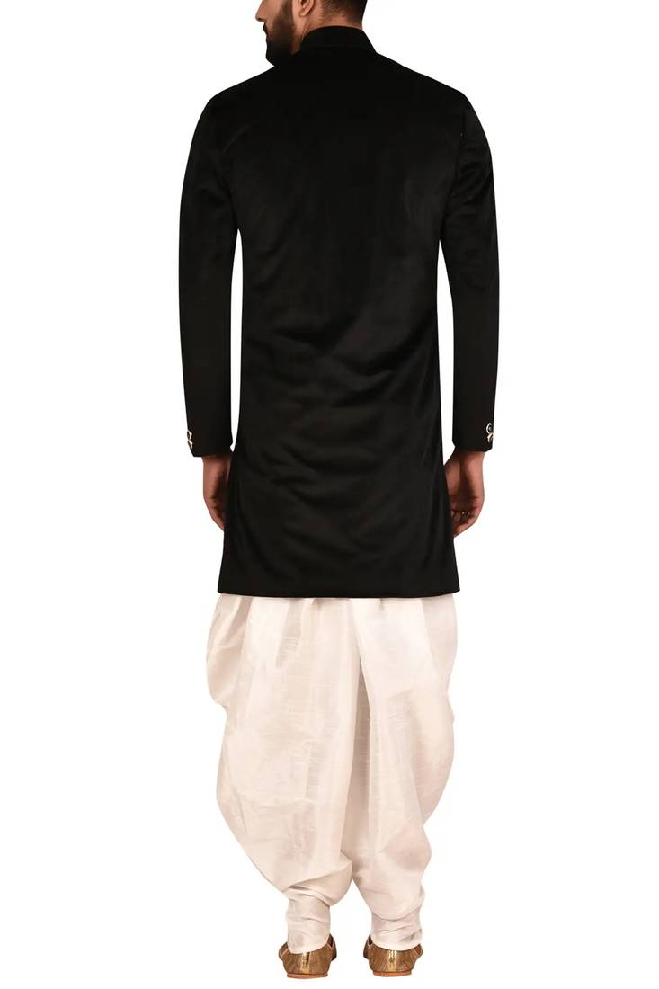 Black embroidered suede velvet sherwani for men