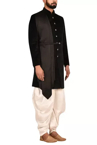 Black embroidered suede velvet sherwani for men
