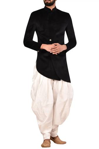 Black embroidered suede velvet sherwani for men
