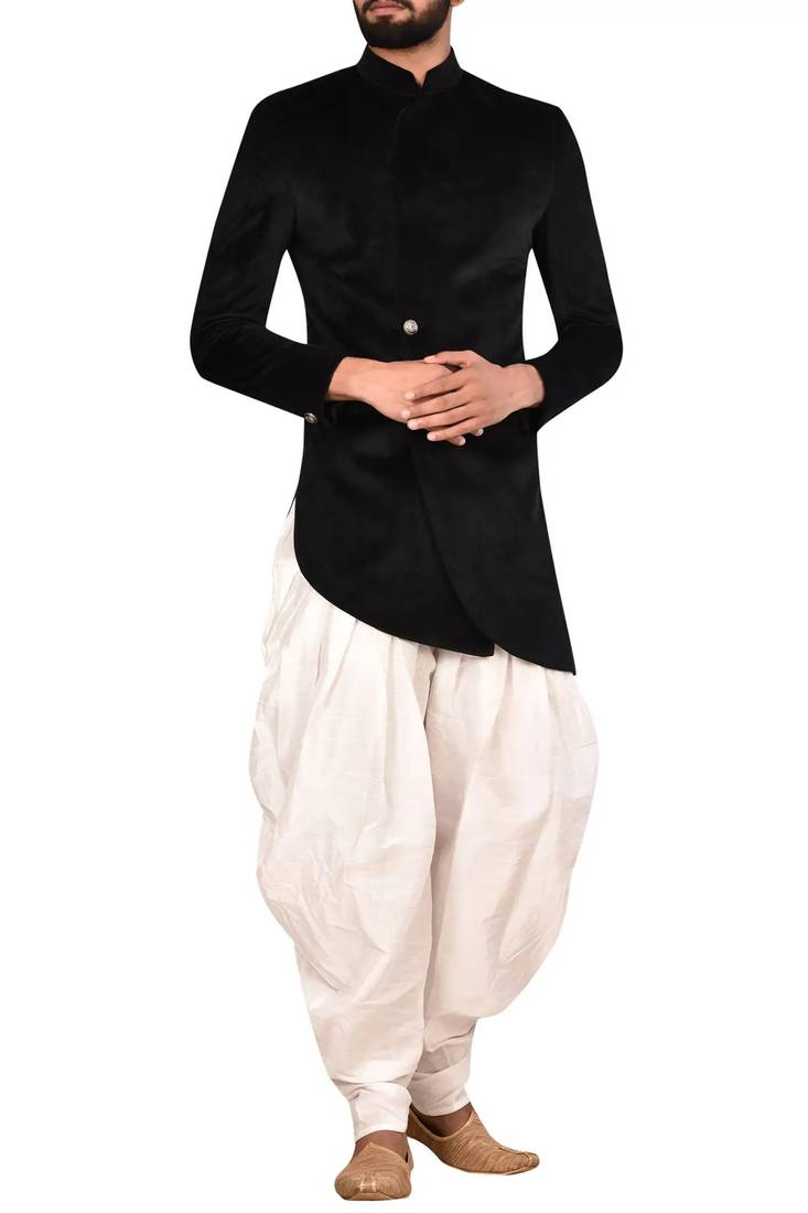 Black embroidered suede velvet sherwani for men
