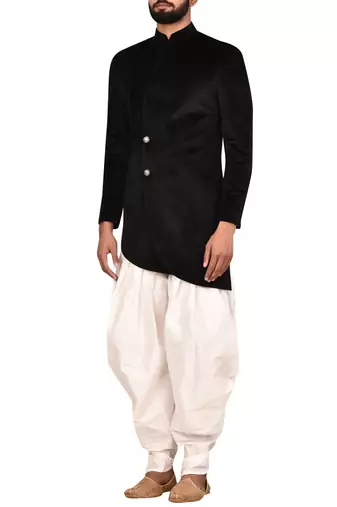 Black embroidered suede velvet sherwani for men