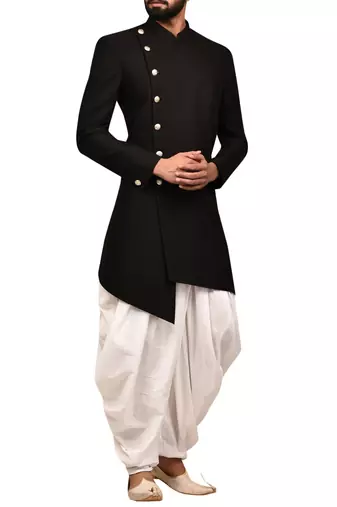 Black embroidered teri rayon sherwani for men