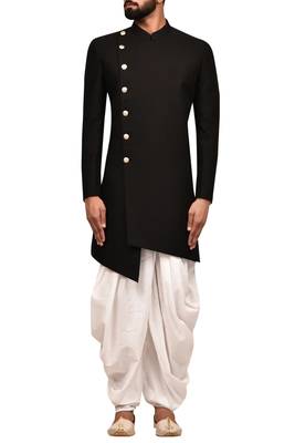 Black embroidered teri rayon sherwani for men 4