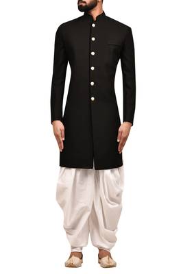 Black embroidered teri rayon sherwani for men 4