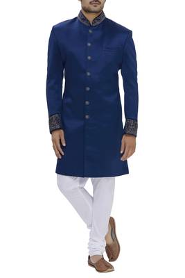 Blue hand embroidered art silk sherwani for men 1