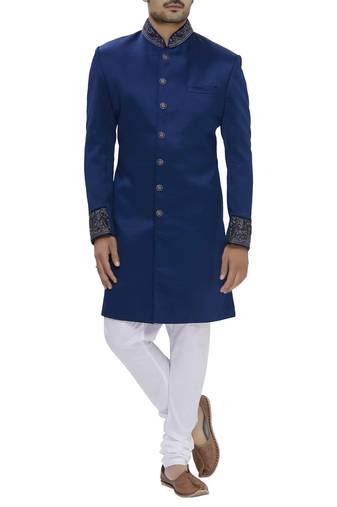 Blue hand embroidered art silk sherwani for men