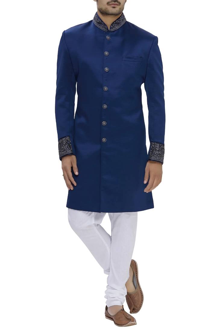 Blue hand embroidered art silk sherwani for men