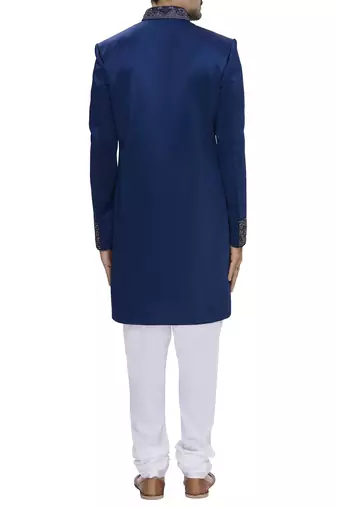 Blue hand embroidered art silk sherwani for men