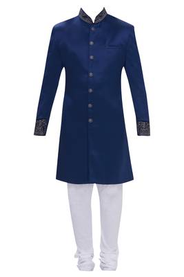 Blue hand embroidered art silk sherwani for men 3