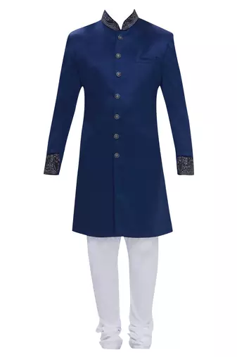 Blue hand embroidered art silk sherwani for men
