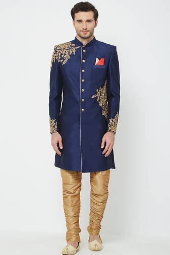 Navy blue solid art silk sherwani for men