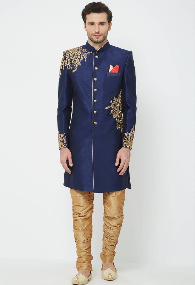 Navy blue solid art silk sherwani for men