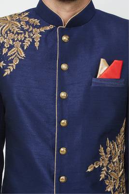 Navy blue solid art silk sherwani for men 2