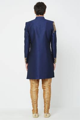 Navy blue solid art silk sherwani for men 3