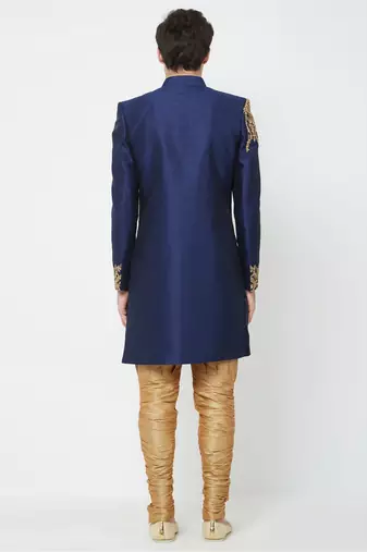 Navy blue solid art silk sherwani for men